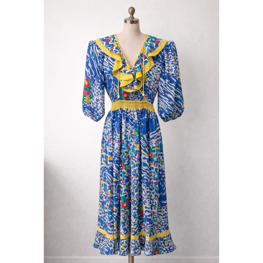 Vintage Susan Freis Vibrant Ruffle Bias Cut Midi Dress Assorti 80s Size Small